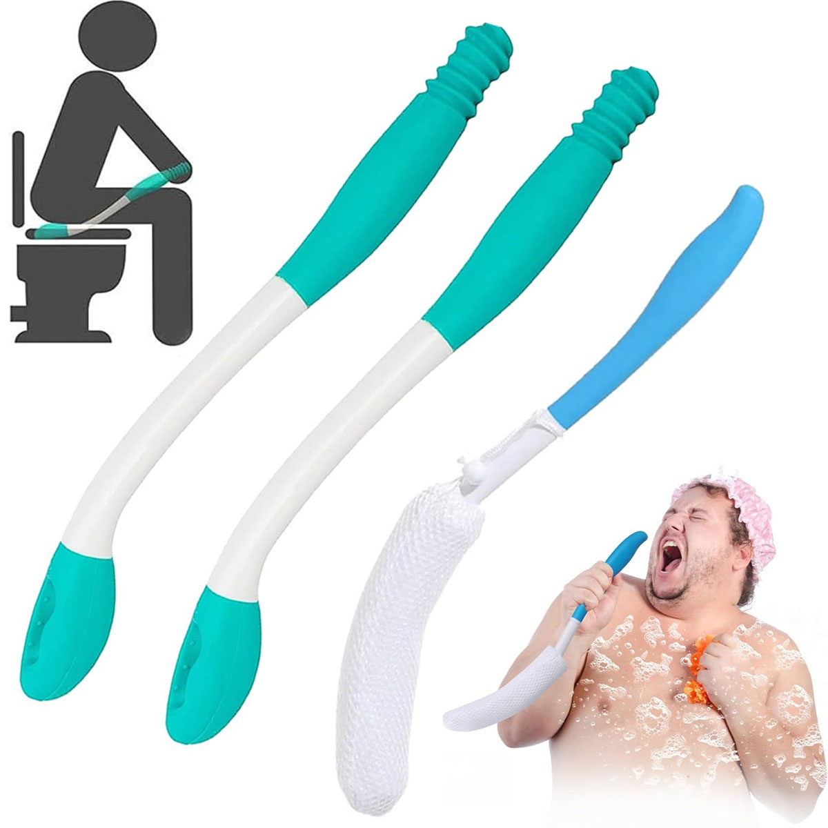 Extended Reach Butt Wiper Set - 2 Toilet Aids for Wiping Tool and Butt Cleaner Bath Shower Brush - Long Handle - Bottom Buddy Wiping Aid for Disabled,Elderly,Pregnant, 3 Pack
